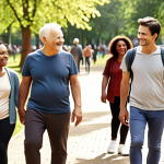 A group of people of diverse ages walking together in a park, smiling and talking. Focus on the feeling of community and healthy lifestyle. The scene is bright and sunny.