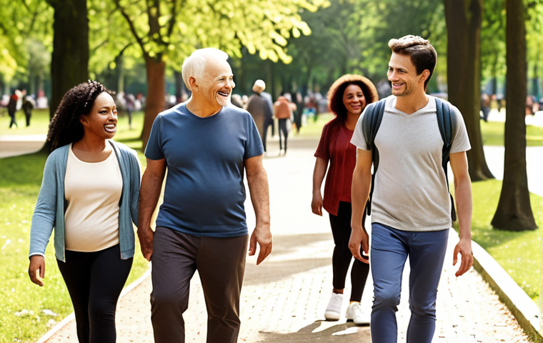 A group of people of diverse ages walking together in a park, smiling and talking. Focus on the feeling of community and healthy lifestyle. The scene is bright and sunny.
