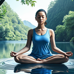 **A serene blue-toned illustration of a person peacefully meditating outdoors, surrounded by calm water and nature, conveying mental well-being and stress reduction.**