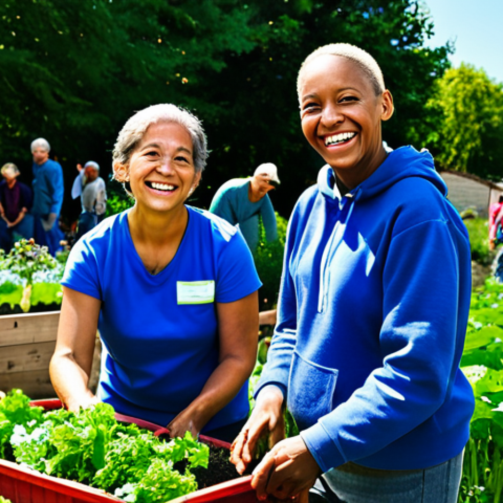**

A diverse group of fully clothed adults volunteering in a community garden. They are planting flowers and vegetables with smiles, fostering a sense of social connection and well-being. Bright sunshine, lush greenery, and a clear blue sky form the background. Safe for work, appropriate content, family-friendly, professional photography, perfect anatomy, natural proportions, modest clothing.

**