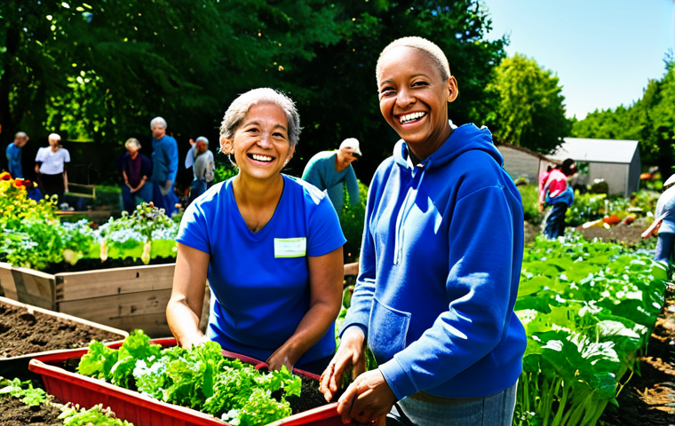 **
A diverse group of fully clothed adults volunteering in a community garden. They are planting flowers and vegetables with smiles, fostering a sense of social connection and well-being. Bright sunshine, lush greenery, and a clear blue sky form the background. Safe for work, appropriate content, family-friendly, professional photography, perfect anatomy, natural proportions, modest clothing.
**