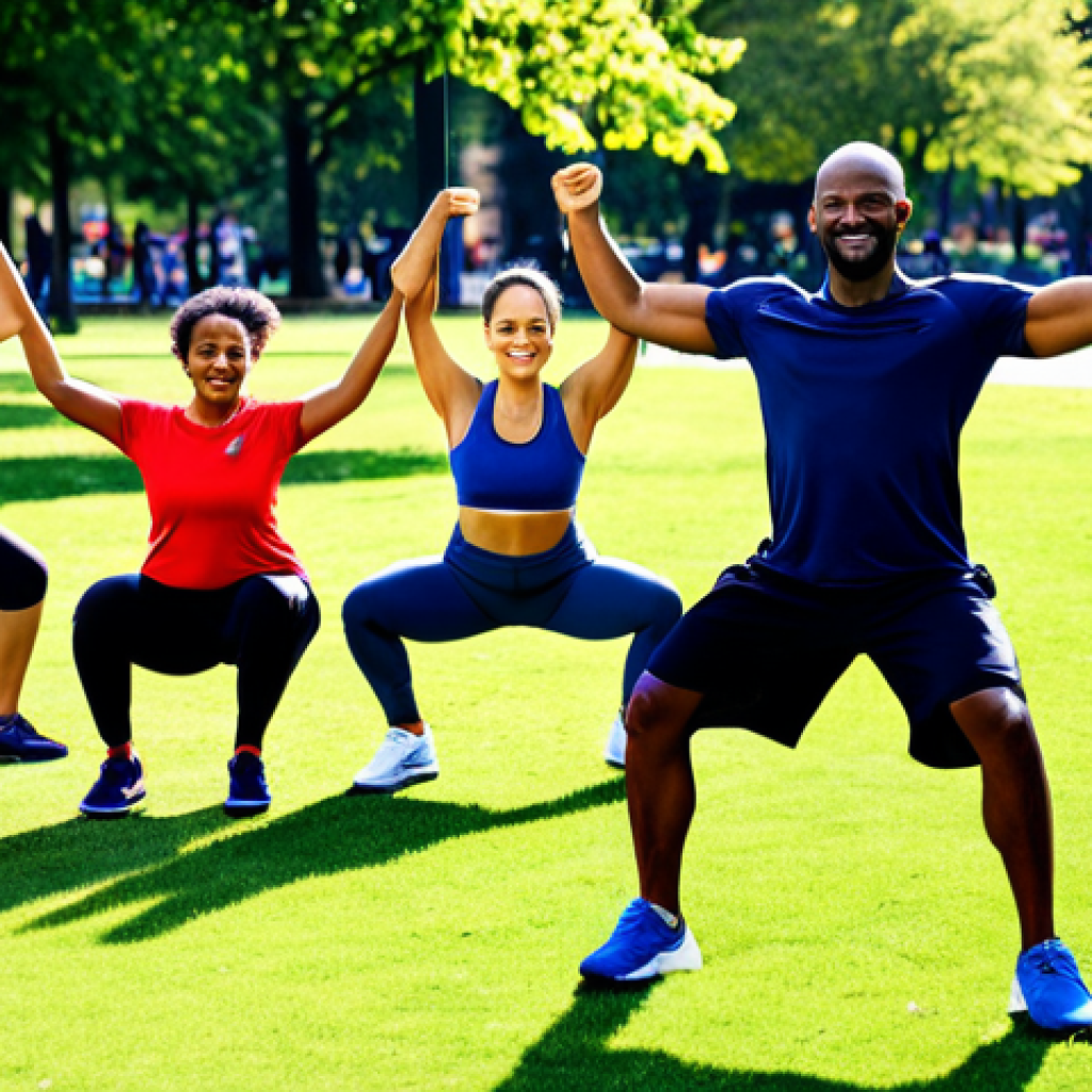 블루 운동 처방과 관련된 윤리적 이슈 - **
A diverse group of people, fully clothed in athletic wear, participating in a community fitness ...