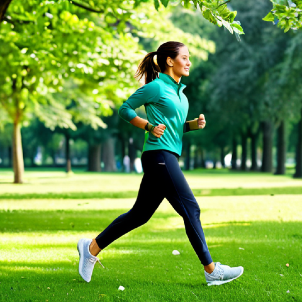 블루 운동 처방을 위한 최적의 환경 설정 - "A professional woman in modest activewear, jogging in a lush green park, fully clothed, appropriate...