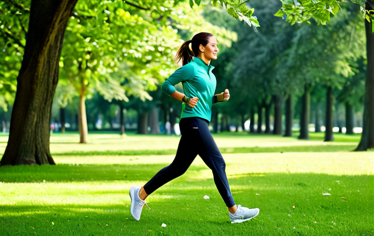 블루 운동 처방을 위한 최적의 환경 설정 - "A professional woman in modest activewear, jogging in a lush green park, fully clothed, appropriate...