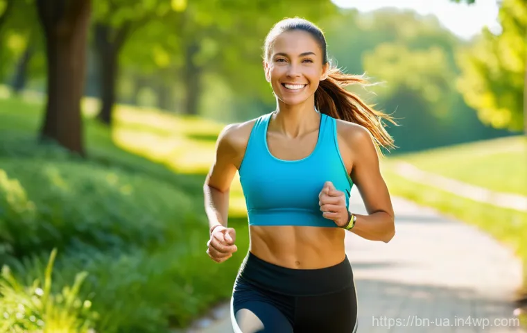 블루 운동 처방의 최적 운동 빈도 - Vibrant Morning Jog in the Park**
A fit young adult woman, in her mid-20s, with a radiant smile, jog...