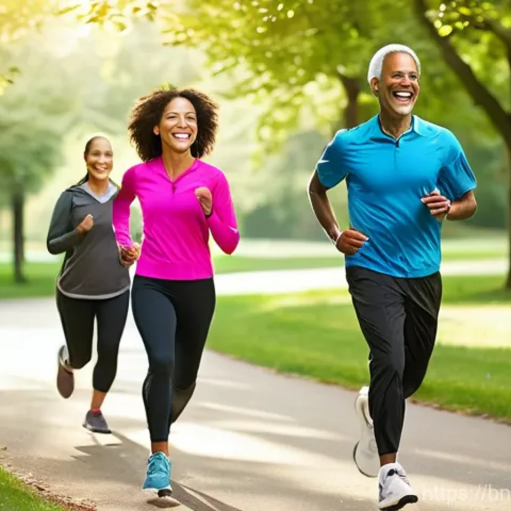 블루 운동 처방과 수면의 관계 - **Prompt:** A diverse group of adults, wearing comfortable and modest activewear, engaging in a joyf...