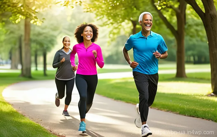 블루 운동 처방과 수면의 관계 - **Prompt:** A diverse group of adults, wearing comfortable and modest activewear, engaging in a joyf...