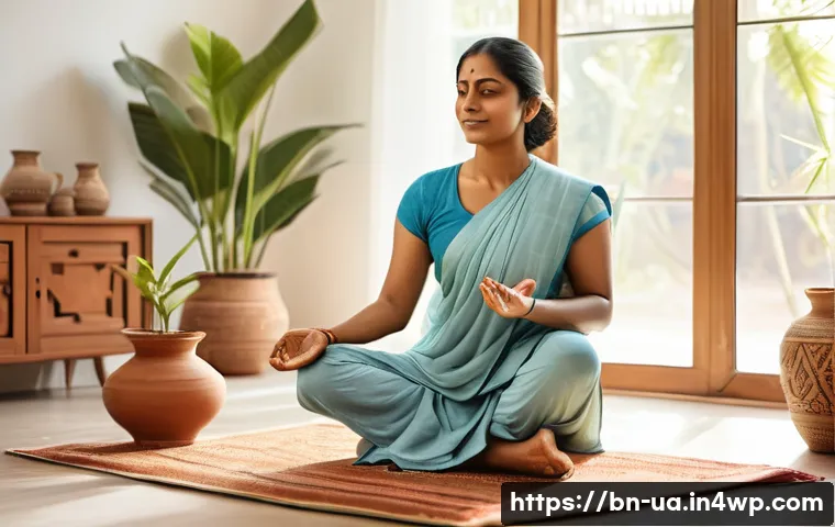 블루 운동 처방을 통한 스트레스 관리 방법 - A serene Bengali woman in her mid-30s wearing comfortable sportswear and light sneakers, performing ...