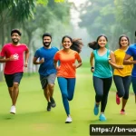 Home 21 블루 운동 처방을 위한 인센티브 프로그램 개발 - A vibrant group fitness challenge scene set in a lush green park in Bangladesh, featuring a diverse ...