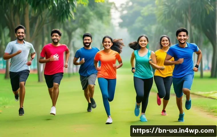 블루 운동 처방을 위한 인센티브 프로그램 개발 - A vibrant group fitness challenge scene set in a lush green park in Bangladesh, featuring a diverse ...