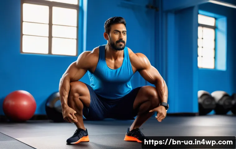 블루 운동 처방을 위한 전문가의 조언 - A detailed scene of a Bengali man in his mid-30s warming up before an intense Blue workout session, ...