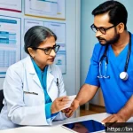 Home 18 블루 운동 처방의 법적 제도적 측면 - A modern clinical setting showing a Bengali doctor in professional attire consulting a middle-aged B...