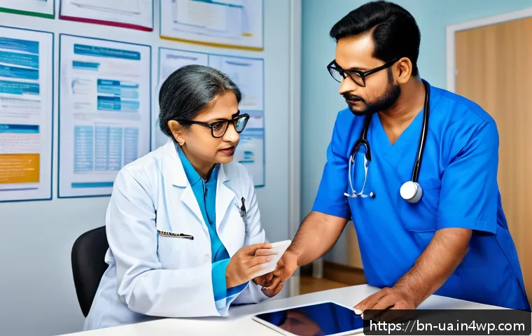 블루 운동 처방의 법적 제도적 측면 - A modern clinical setting showing a Bengali doctor in professional attire consulting a middle-aged B...