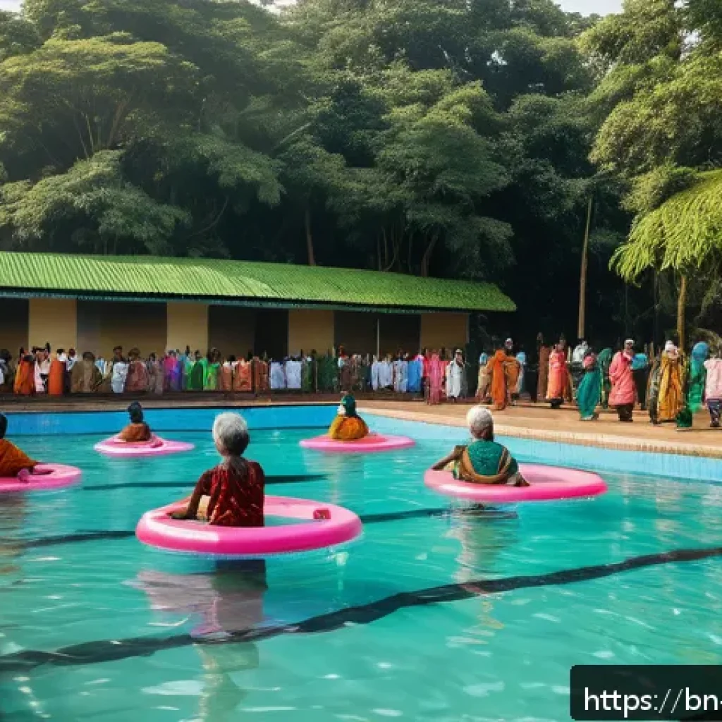 블루 운동 처방과 관련된 비영리 단체 소개 - A vibrant community water exercise session in a serene outdoor swimming pool in Bangladesh, featurin...