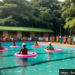 Home 23 블루 운동 처방과 관련된 비영리 단체 소개 - A vibrant community water exercise session in a serene outdoor swimming pool in Bangladesh, featurin...