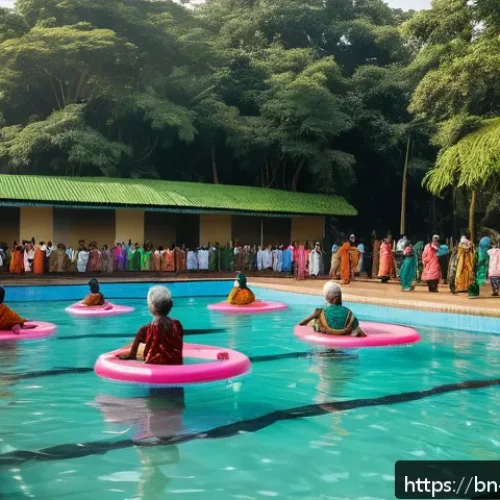 Home 17 블루 운동 처방과 관련된 비영리 단체 소개 - A vibrant community water exercise session in a serene outdoor swimming pool in Bangladesh, featurin...