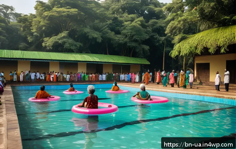 블루 운동 처방과 관련된 비영리 단체 소개 - A vibrant community water exercise session in a serene outdoor swimming pool in Bangladesh, featurin...